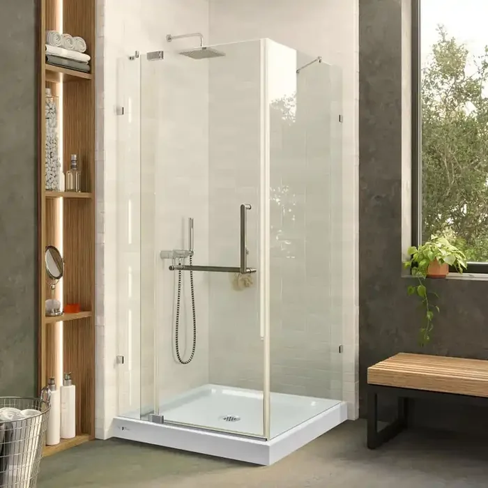 Frameless Corner Shower Stall w/ 30in. L x 30in. W Shower Base in Polished Chrome 28in. L x 28in. W x 74in. H Enclosure