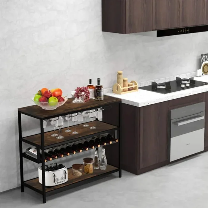 Freestanding 14-Bottle Brown Freestanding Wine Rack With 4 Rows of Glass Holders