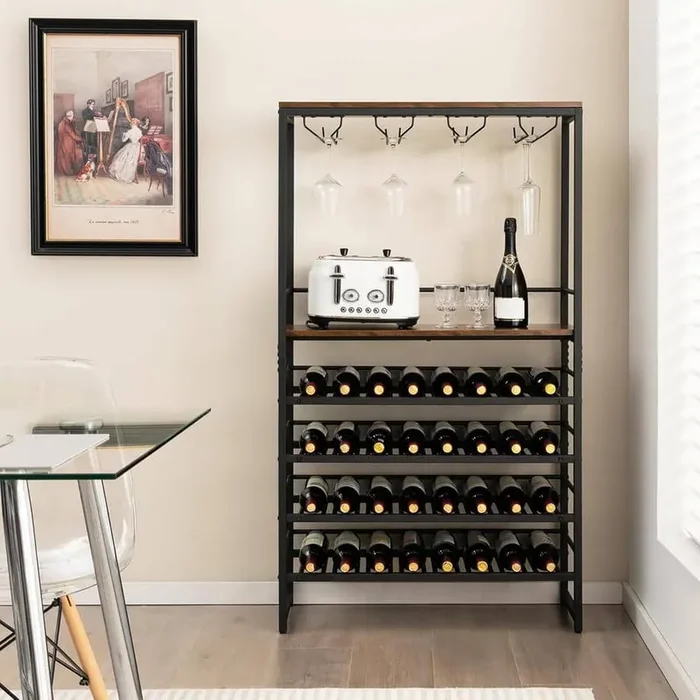 Freestanding 32-Bottle Brown Freestanding Wine Rack with 4-Tier Wine Storage and 4 Rows of Stemware Racks