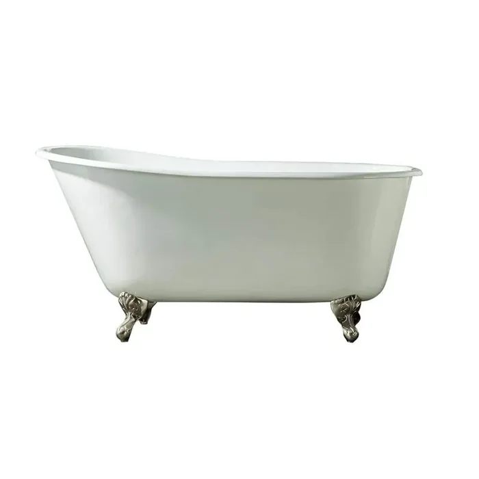Gareth 53.25 in. Cast Iron Slipper Clawfoot Non-Whirlpool Bathtub in White with No Faucet Holes and Polished Nickel Feet