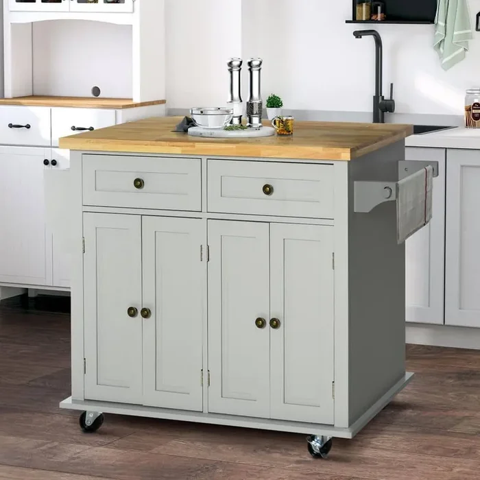 Gray Solid Rubber Wood Top 17.5 in. Kitchen Island Cart with 2-Cabinet and 2-Drawers, Spice Rack, Towel Rack