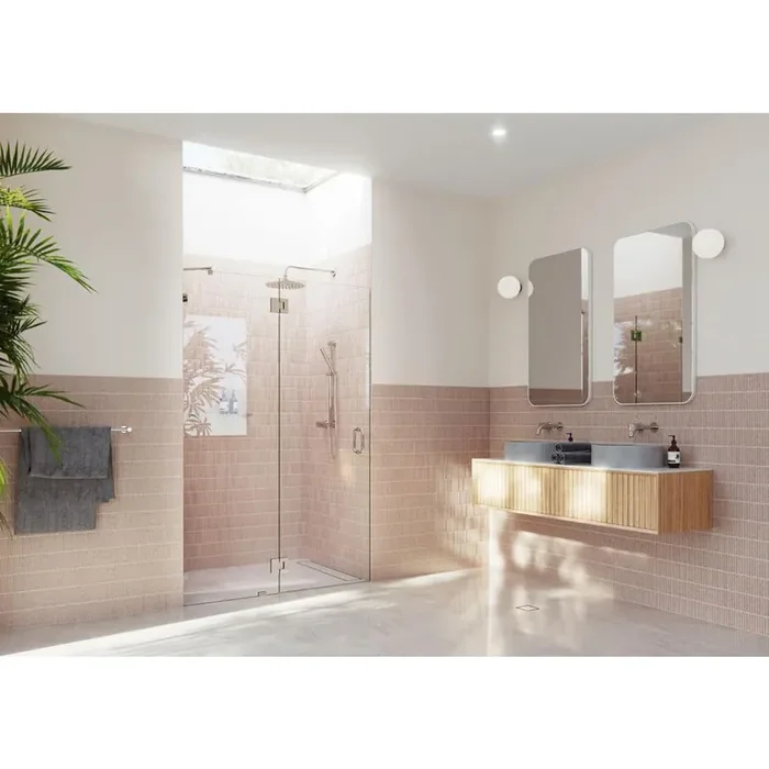 Halo 46.75 in. W x 78 in. H Glass Hinged Frameless Shower Door in Polished Nickel with Clear Glass