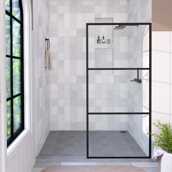 Hilma 34 in. W x 72 in. H Fixed Framed Shower Door in Matte Black Finish with Patterned Glass