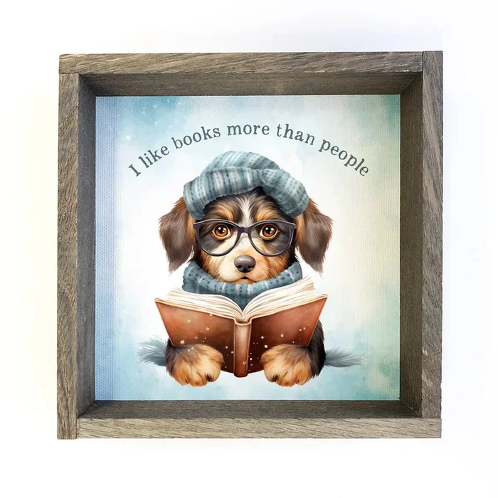 I Like Books Dog – Book Lovers Canvas Art – Wood Framed Art