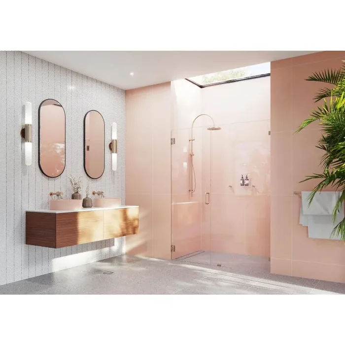 Illume 61.75 in. W x 78 in. H Wall Hinged Frameless Shower Door in Brushed Bronze with Clear Glass
