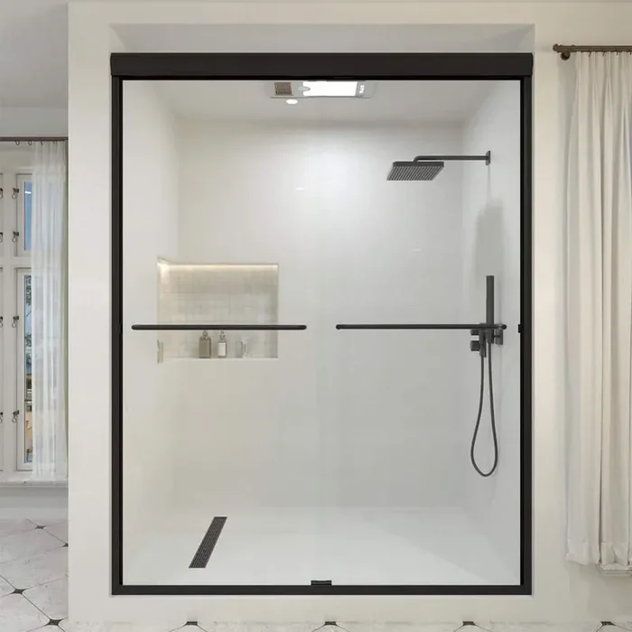 JRStart 60 in. W x 72 in. H Sliding Semi-Frameless Shower Door in Matte Black Finish with Clear Glass