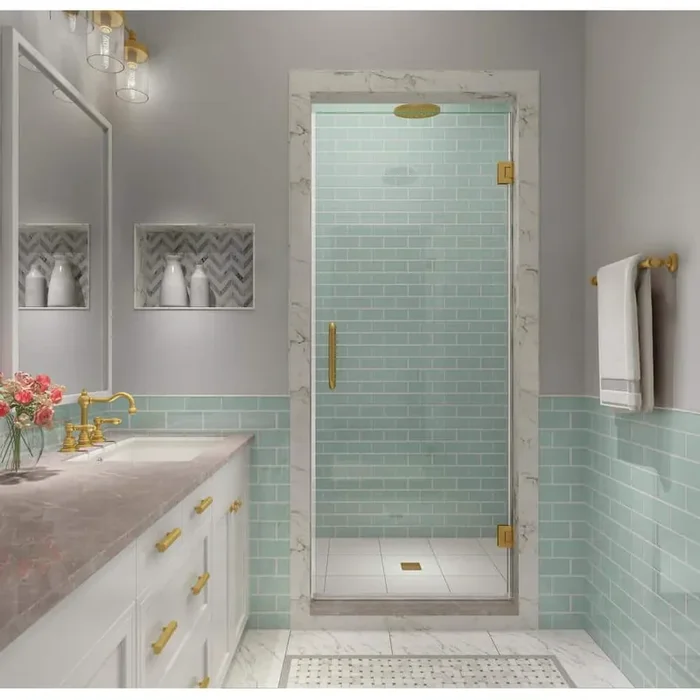 Kinkade XL 27.75 in. – 28.25 in. x 80 in. Frameless Hinged Shower Door with StarCast Clear Glass in Brushed Gold