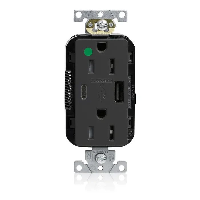 Leviton 15A Lev-Lok USB Tamper-Resistant Hospital-Grade Outlet Type A-C Black (M56AC-HGE)