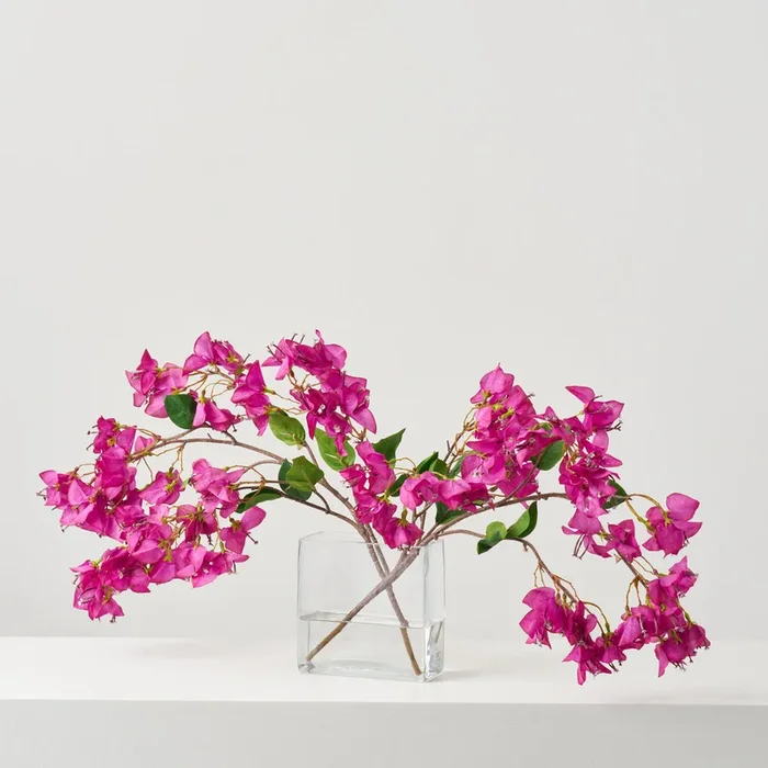 Lifelike Cerise Bougainvillea Branches in Modern Rectangle Pocket Vase Spring Water Illusion Centerpiece Arrangement