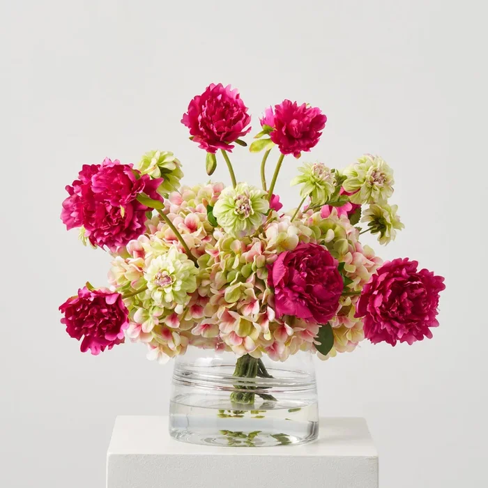 Lifelike Green Pink Hydrangea, Fuchsia Peony & Mini Dahlia Blooms in Jug Style Vase Spring Centerpiece Water Illusion Flower Arrangement