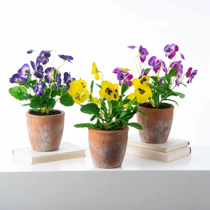 Lifelike Pansy Faux Floral Arrangement Houseplant in Aged Terra Cotta Pot – 3 Colors