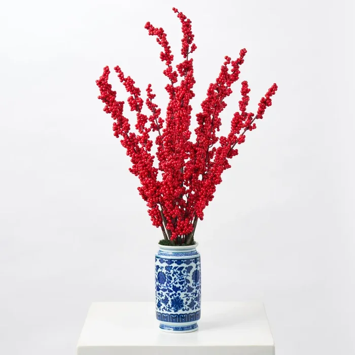 Lifelike Red Ilex Berry Spray in Small Blue & White Chinoiserie Urn Vase Holiday Christmas Arrangement