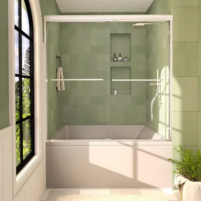 Lntano 60 in. W x 56 in. H Sliding Bath Tub Door in Semi Frameless in Chrome with Clear Glass