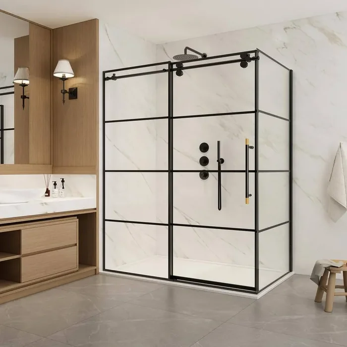 Losar 64 in. W x 78 in. H Rectangle Sliding Frameless Corner Shower Dooe Enclosure in Matte Black with Clear Glass