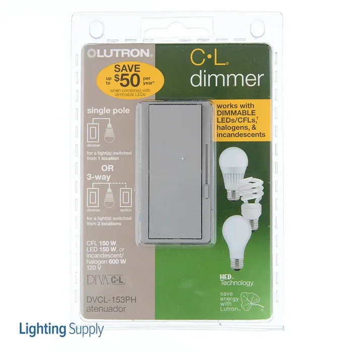 Lutron Diva 150W LED 3-Way Gray Clamshell (DVCL-153PH-GR)