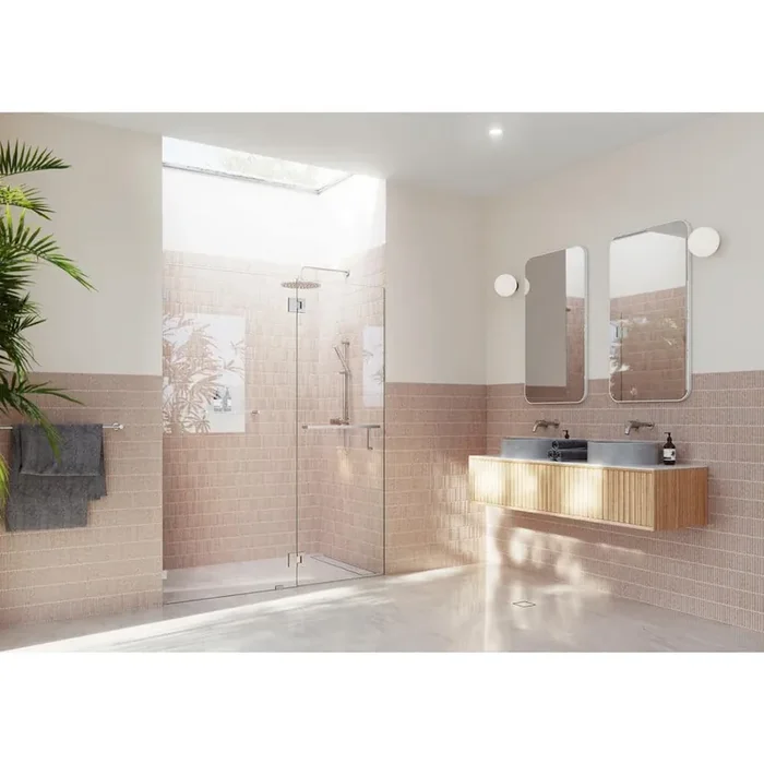 Mimas 52 in. W x 78 in. H Glass Hinged Frameless Towel Bar Shower Door in Brushed Nickel Finish with Clear Glass