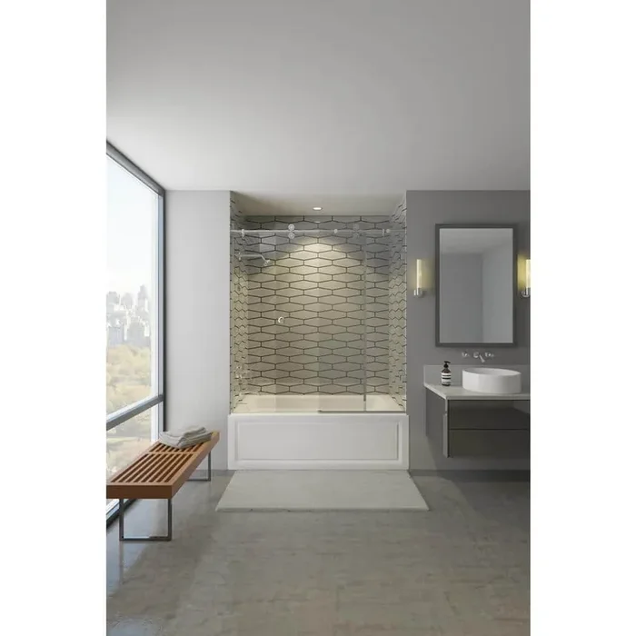 Model 7800 60 in. x 66 in. Frameless Sliding Tub Enclosure in Bright Clear with Circular Thru-Glass Pull