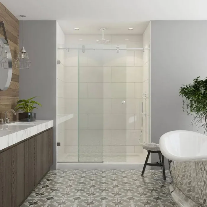 Model 8800 60 in. x 76 in. Frameless Sliding Shower Enclosure in Brushed Nickel with Circular Thru-Glass Pull