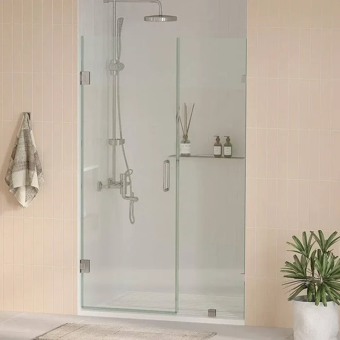 Nirvana 62.5 in. W x 76 in. H Frameless Pivot Hinged Shower Door in Chrome with 3/8 in. Clear Glass