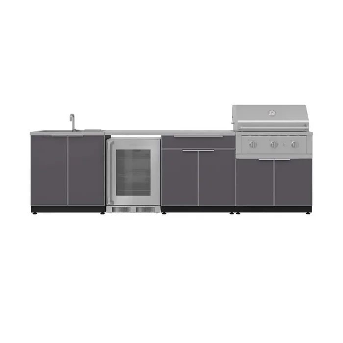 Outdoor Kitchen 3-Burner Natural Gas Grill Island in Aluminum Gray with 33 in. Stainless Steel Grill and Fridge
