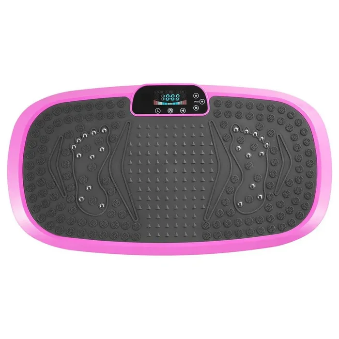 Pink vibration plate exercise machine. Full-body vibrating platform with resistance bands for home workouts