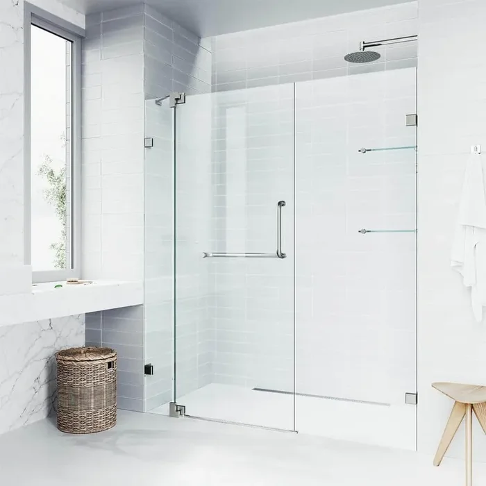Pirouette 60 to 66 in. W x 72 in. H Pivot Frameless Shower Door in Brushed Nickel with 3/8 in. (10mm) Clear Glass
