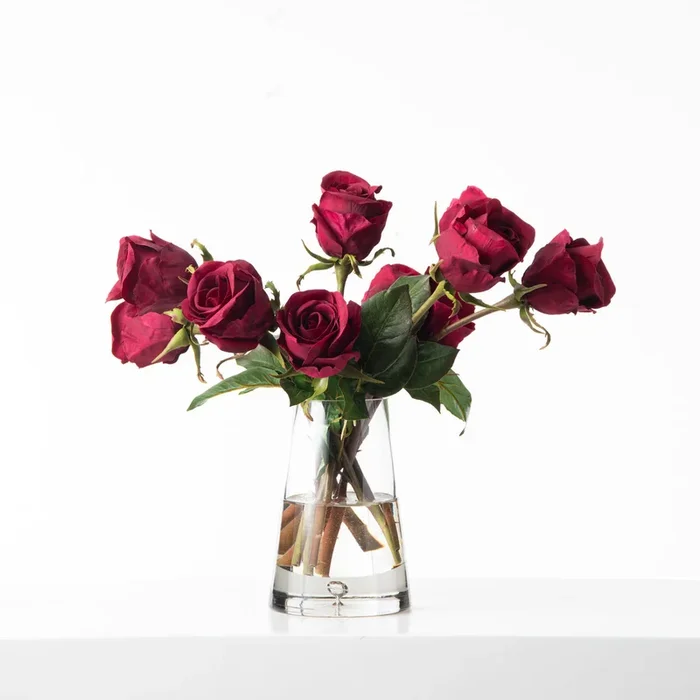 Real Touch Dark Red Burgundy Rose Buds In Teardrop Pyramid Glass Vase Water Illusion All Season Floral Arrangement