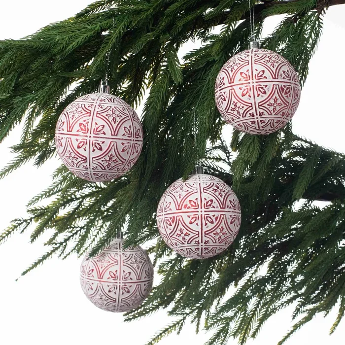 Red Whitewashed Christmas Holiday Plastic Ball Ornament – Set of 4