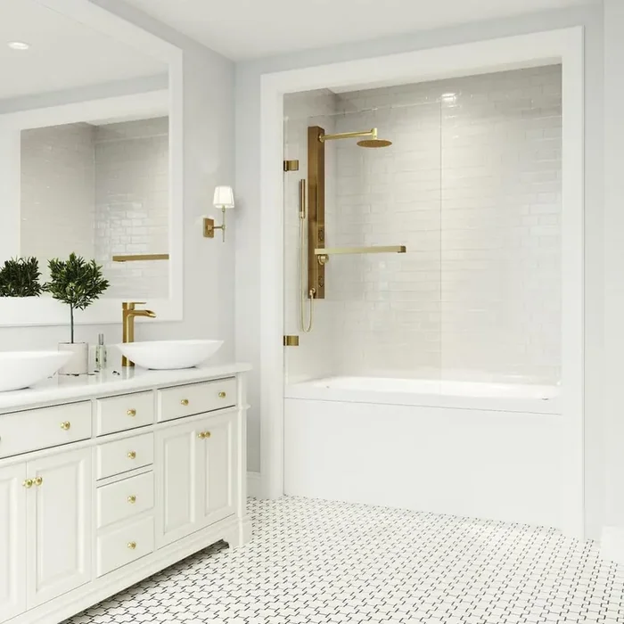 Rialto 34 in. W x 58 in. H Pivot Frameless Tub Door in Matte Brushed Gold with 5/16 in. (8mm) Clear Glass