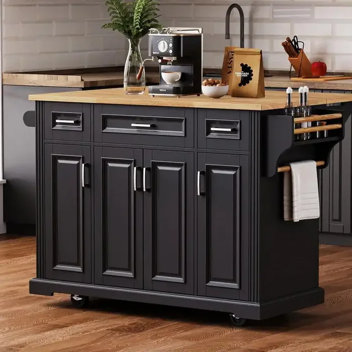Rolling Black Drop Leaf Wood Top 54 in. Kitchen Island Cart with Adjustable Shelves, Hidden Wheels, Soft Close Hinges