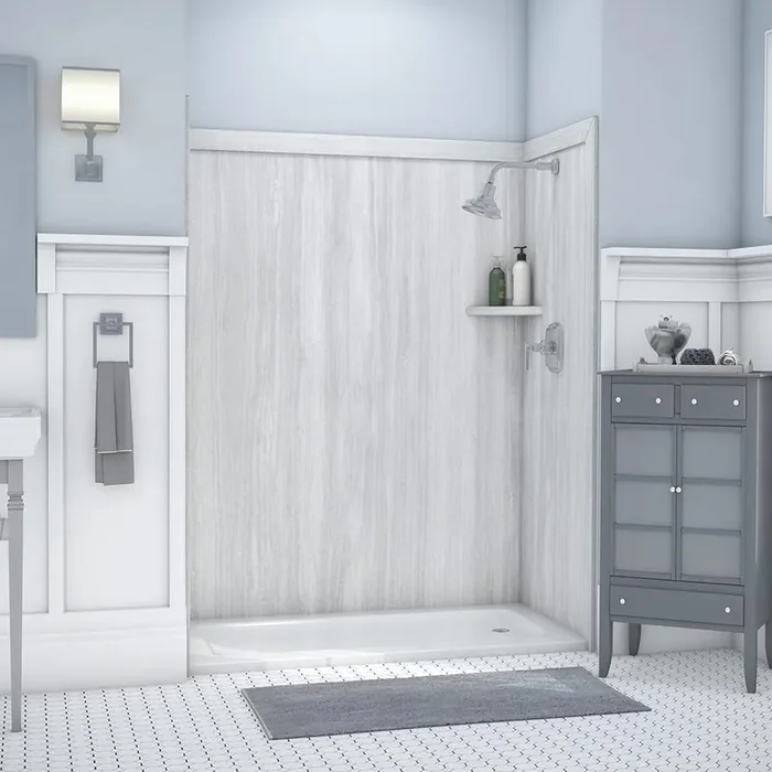 Royale 36 in. x 60 in. x 80 in. 11-Piece Easy Up Adhesive Alcove Bathtub/Shower Wall Surround in Silver Strata