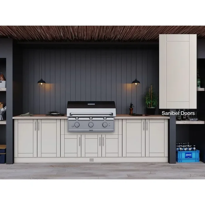 Sanibel Shoreline Gray 17-Piece 121.25 in. x 34.5 in. x 28 in. Outdoor Kitchen Cabinet Island Set
