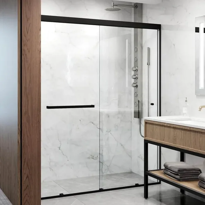 Satro 56 to 60 in. W x 74 in. H Double-Sliding Framed Door in Matte Black with Clear Glass