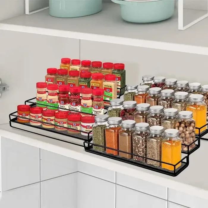 Season Spice Organizer, 4 Tier Black Iron Expandable Shelf, Step Rack Countertop Holder (Metal, 2 Piece)