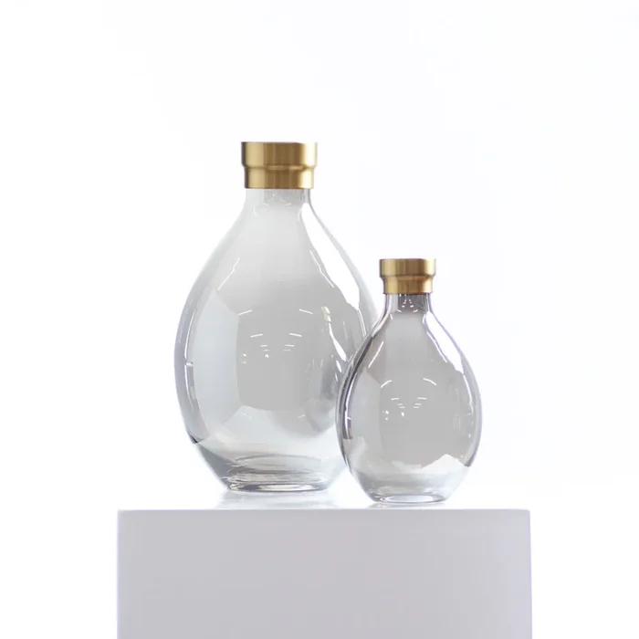 Smoke Glass Teardrop Vase with Antique Gold Rim Available in Two Sizes