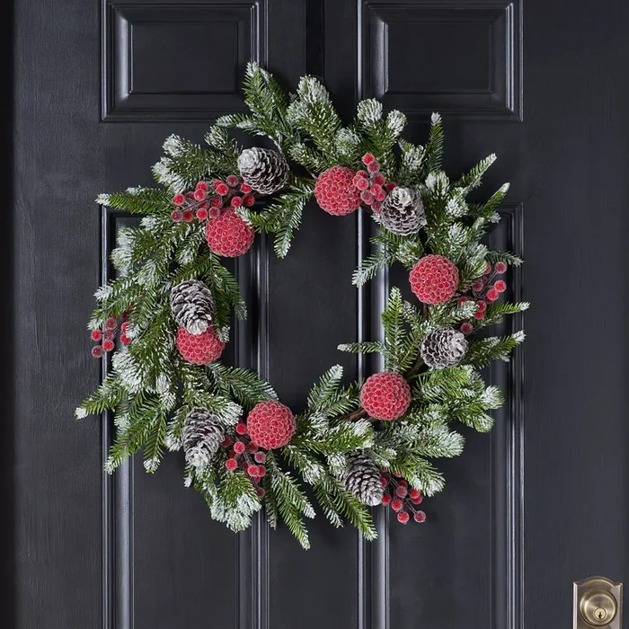 Snow Tipped Pine, Iced Red Berry Ball, & Pinecone Christmas Front Door Mantle Wreath