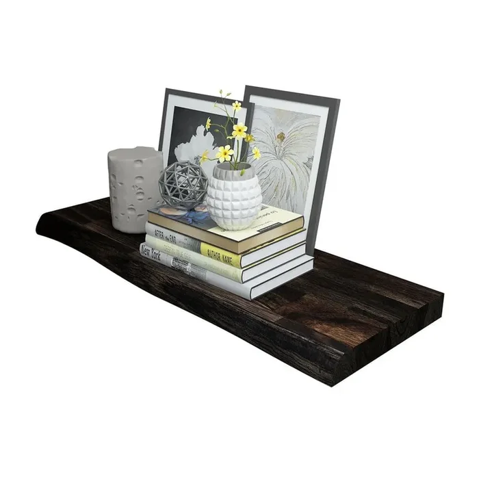 Solid 2 ft. L x 10 in. D x 1.5 in. T, Acacia Butcher Block Countertop Floating Wall Shelf, Espresso with Live Edge