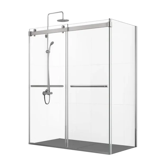 Spezia 64 in. W x 76 in. H Rectangle Double Sliding Semi Frameless Shower Enclosure in Brushed Nickel with Clear Glass