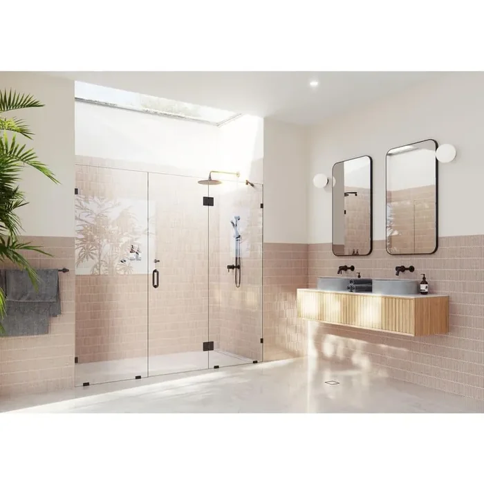 Stellar 85.5 in. W x 78 in. H Glass Hinged Pivot Frameless 3-Panel Inline Shower Door in Matte Black