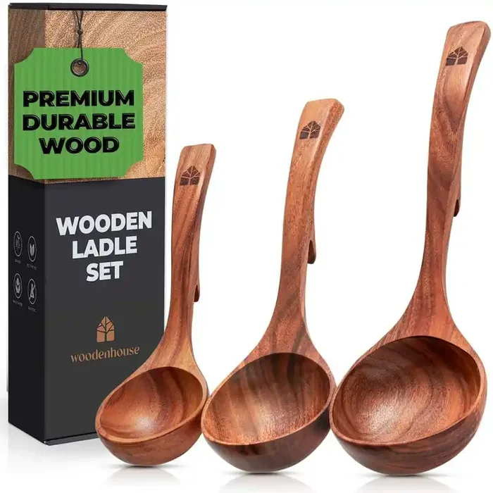 Teak Finish Wooden Ladle Spoon Set – 3 Sizes with Back Hooks, Non-Stick Eco-Friendly Kitchen Utensils for Cooking