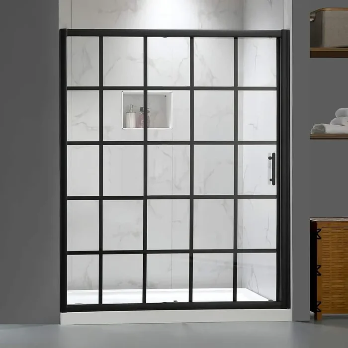 UK-003 48 in. W x 79 in. H Single Sliding Semi-Frameless Shower Door in Matte Black, 1/4 in. SGCC Black Grid Glass