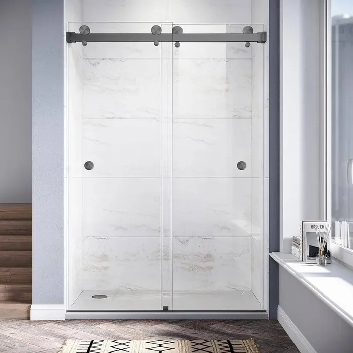 UKD01 46 to 49 in. W x 76 in. H Double Sliding Frameless Shower Door in Space Gray, Enduro Shield 3/8 in. Clear Glass