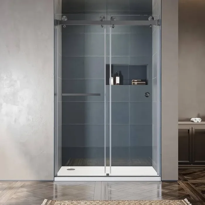 UKD01 46 to 49 in. W x 76 in. H Double Sliding Frameless Shower Door in Space Gray, EnduroShield 3/8 in. Clear Glass