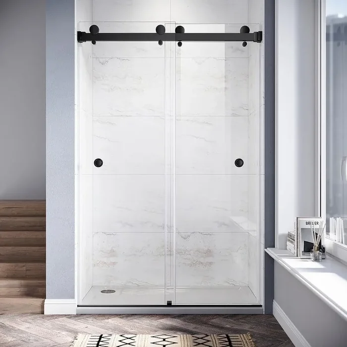 UKD01 46 to 49 in. W x 80 in. H Double Sliding Frameless Shower Door in Matte Black, Enduro Shield 3/8 in. Clear Glass