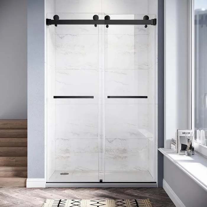 UKD01 46 to 49 in. W x 80 in. H Double Sliding Frameless Shower Door in Matte Black, EnduroShield 3/8 in. Clear Glass