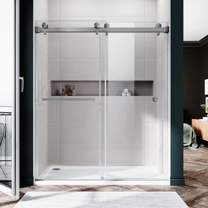 UKD01 50 to 55 in. W. x 76 in. H Double Sliding Frameless Shower Door in Space Gray, Enduro Shield 3/8 in. Clear Glass