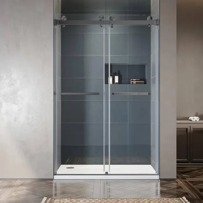 UKD01 51 in. to 55 in. W x 76 in. H Double Sliding Frameless Shower Door in Space Gray, EnduroShield 3/8 in. Clear Glass