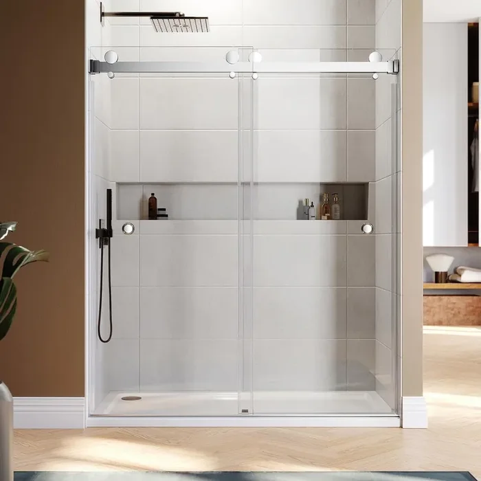 UKD01 56 in. to 58 in. W x 80 in. H Double Sliding Frameless Shower Door in Chrome, EnduroShield 3/8 in. Clear Glass