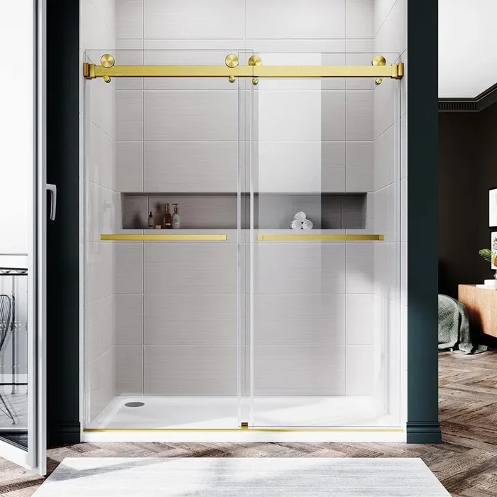 UKD01 56 in. to 60 in. W x 72 in. H Double Sliding Frameless Shower Door Satin Brass, EnduroShield 3/8 in. Clear Glass