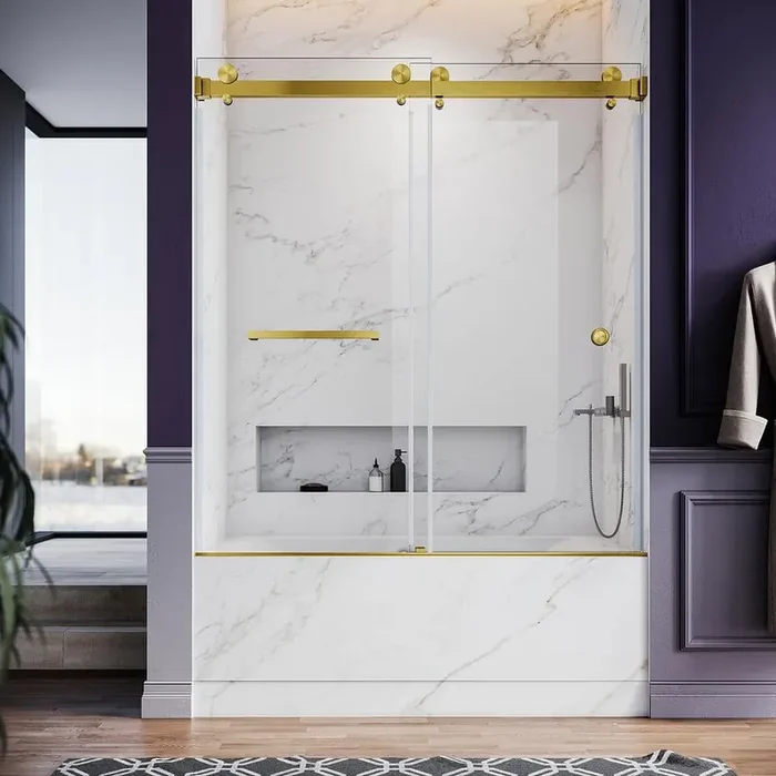 UKD01 56 to 60 in. W x 66 in. H Frameless Double Sliding Bathtub Door in Satin Brass with EnduroShield 3/8″ Clear Glass